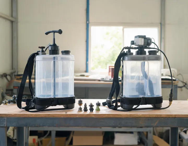 Backpack sprayer and specification notebook on an agricultural workbench